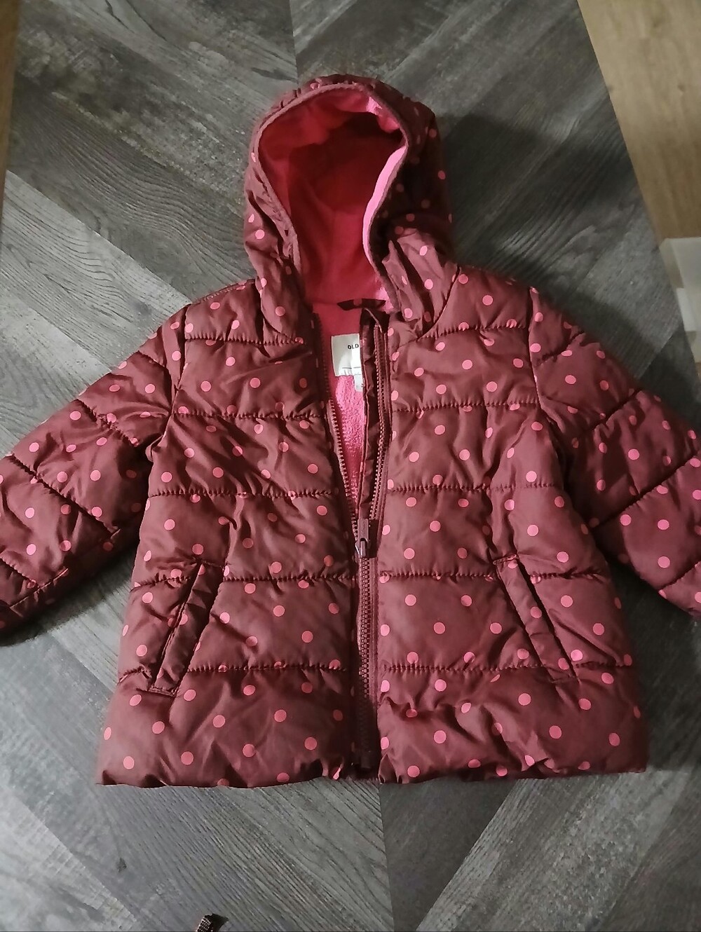 Old Navy Girls' Hooded Puffer Jacket in Burgundy with Pink Polka Dots